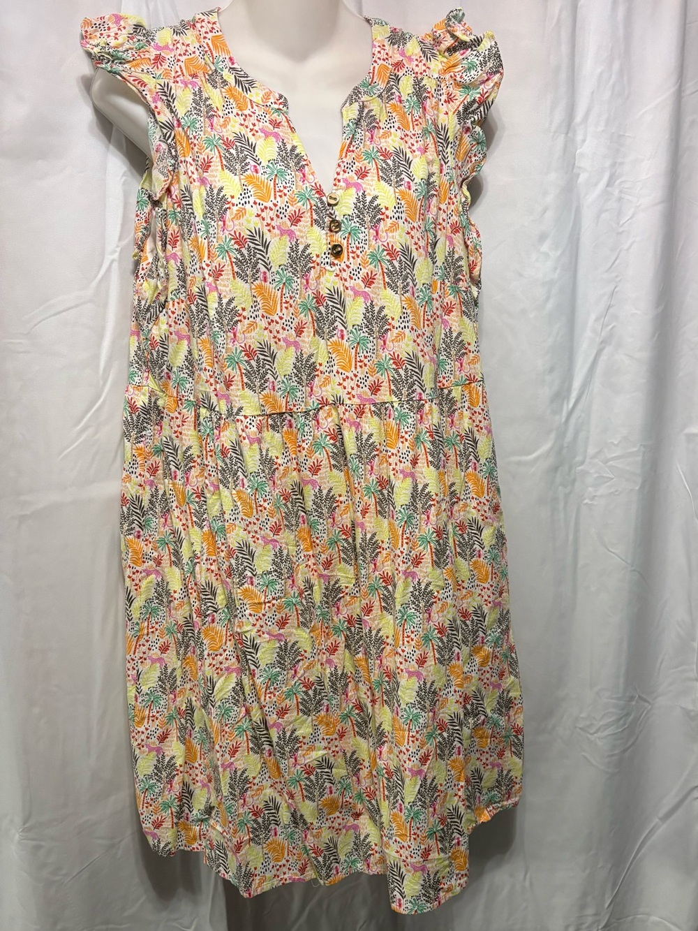 LOFT Floral Ruffle Sleeve Button-Front Dress - Yellow, Pink, Green